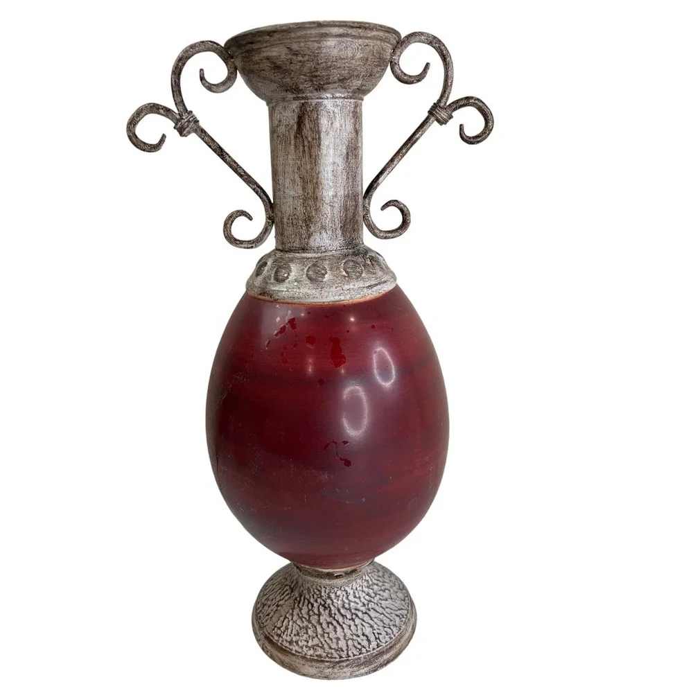 Large Metal Vase Marron Scroll Tan Classic 90s Maximalist Vintage